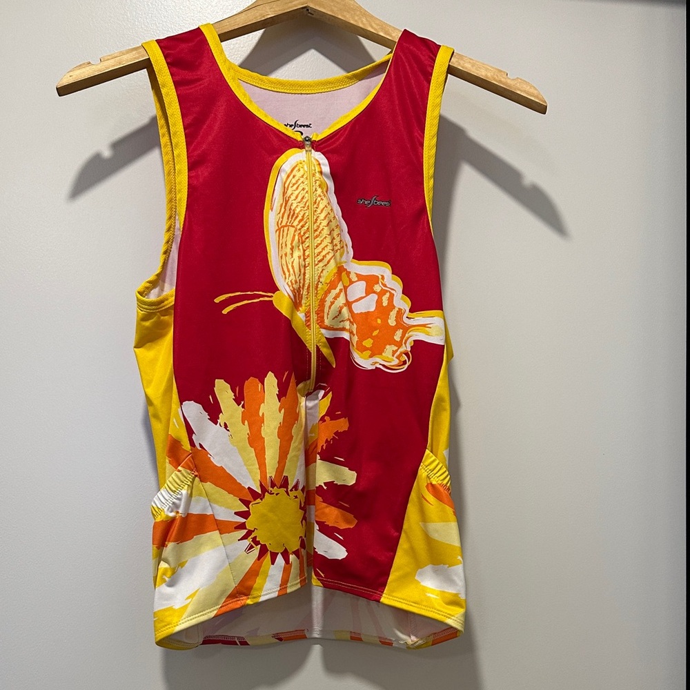 Colorful Sleeveless Cycling Jersey (or running top) with Floral Design.